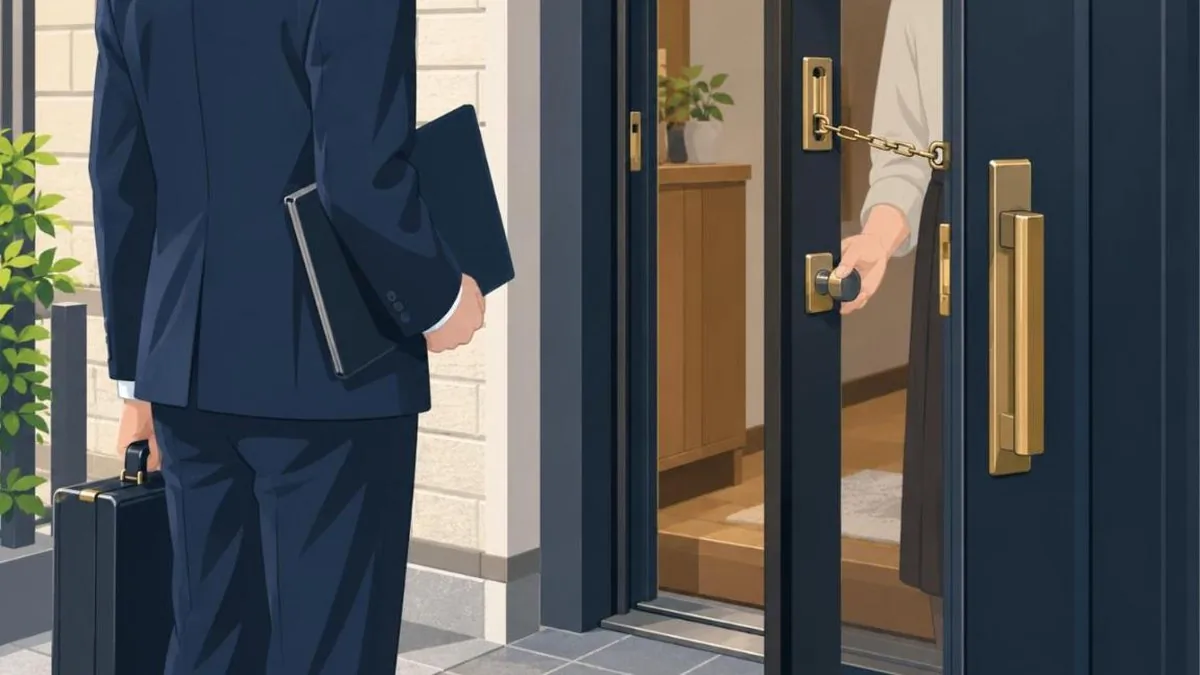 スーツ姿でバインダーを持った訪問者が玄関先に立ち、住人がドアチェーンをかけたまま応対しているイラスト